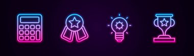 Çizgi hesap makinesi, yıldızlı madalya, ampul ve ödül kupası. Parlayan neon ikonu. Vektör