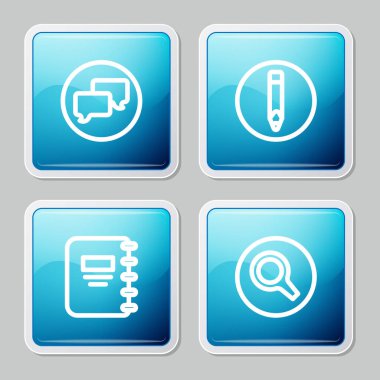 Konuşma balonu sohbetini, Kalem, Defter ve Büyüteç simgesini ayarla. Vektör