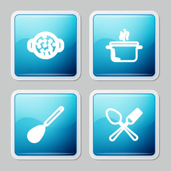 用锅子 厨房搅拌器 叉叉和勺子图标等设置在线烹饪汤 — 图库矢量图片