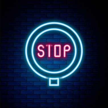 Parlayan neon hattı dur işareti simgesi tuğla duvar arka planında izole edildi. Trafik yönetmeliklerine göre dur işareti. Renkli taslak konsepti. Vektör