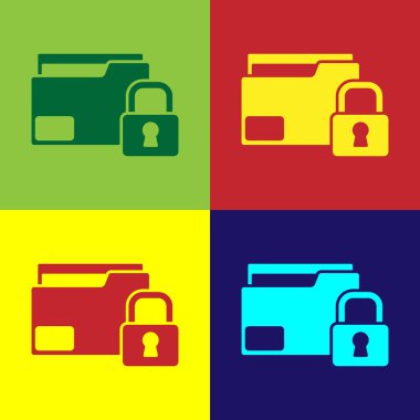 Pop sanat klasörü ve kilit simgesi renk arkaplanında izole edildi. Kapalı dosya ve asma kilit. Güvenlik, güvenlik, koruma kavramı. Vektör.