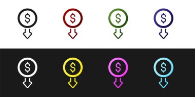 Dolar oranı azaltma simgesini siyah ve beyaz arkaplanda izole et. Maliyet düşüşü. Aşağı ok ile para sembolü. İş kaybı kriz azalıyor. Vektör