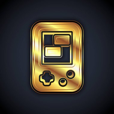 Siyah arkaplanda izole edilmiş altın taşınabilir tetris elektronik oyun ikonu. Klasik bir cep tuğlası oyunu. Etkileşimli oyun aygıtı. Vektör