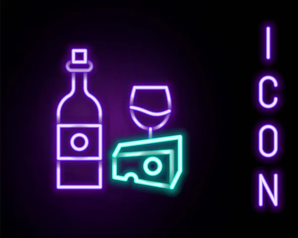 Linea Neon Luminosa Bottiglia Vino Con Icona Vetro Formaggio Isolata — Vettoriale Stock