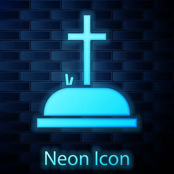 Pietra Neon Incandescente Con Icona Croce Isolata Sfondo Muro Mattoni — Vettoriale Stock
