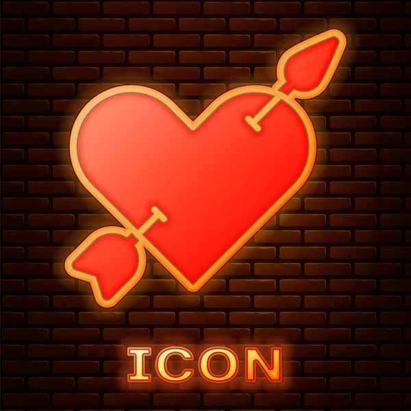 Glowing Neon Amour Symbol Heart Arrow Icon Isolated Brick Wall — Stock Vector