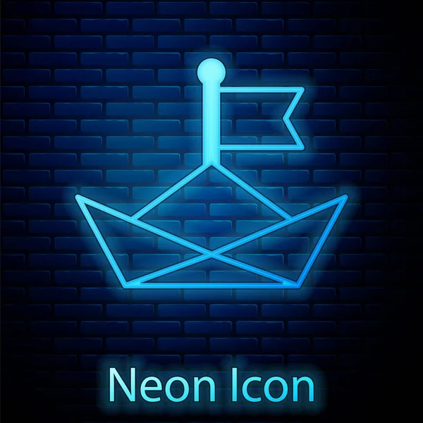 Glödande Neon Vikt Papper Båt Ikon Isolerad Tegel Vägg Bakgrund — Stock vektor