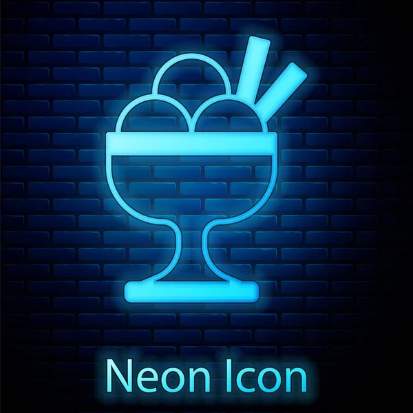 Zářící Neon Zmrzlina Misce Ikony Izolované Cihlové Zdi Pozadí Pěkný — Stockový vektor