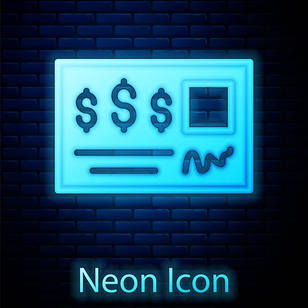Leuchtende Neon Blank Vorlage Des Bankschecks Und Stift Symbol Isoliert — Stockvektor
