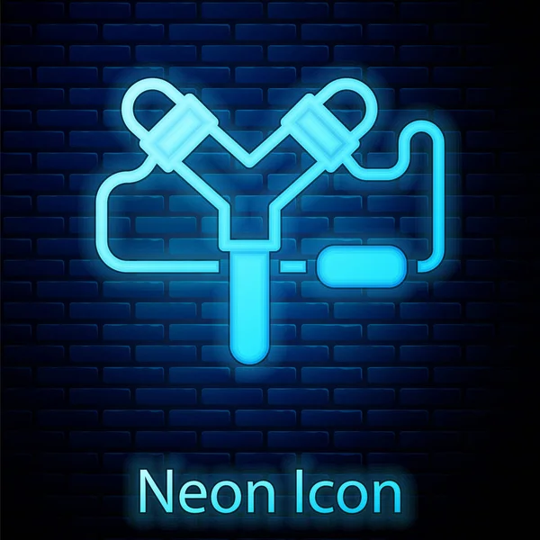 Icona Luminosa Neon Slingshot Isolata Sfondo Muro Mattoni Vettore — Vettoriale Stock