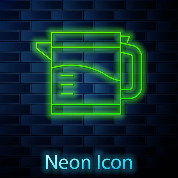 Glödande Neon Elektrisk Vattenkokare Ikon Isolerad Tegel Vägg Bakgrund Tekanna — Stock vektor