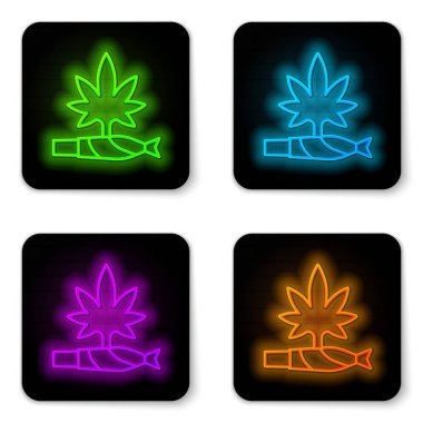 Parlak neon hattı marihuana esrarı, beyaz arka planda izole edilmiş sigara ikonu. Uyuşturuculu sigara, esrar sarılmış sigara. Siyah kare düğme. Vektör