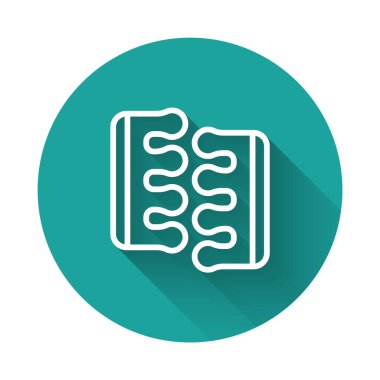 Pedikür simgesi için beyaz çizgi parmak ayırıcısı uzun gölge arkaplanı ile izole edilmiş. Yeşil daire düğmesi. Vektör