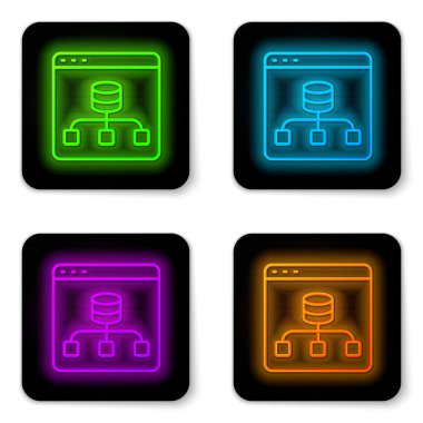 Parlayan neon hattı Sunucu, Data, Web sunucu simgesi beyaz arkaplanda izole edildi. Siyah kare düğme. Vektör