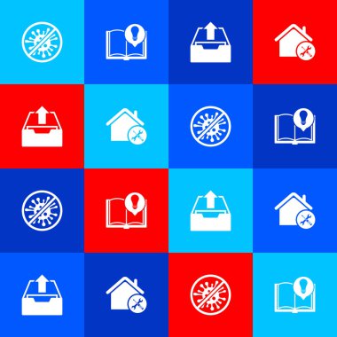 Set Stop virüsü, bakteri, ilginç gerçekler, gelen kutusunu yükle ve House servis simgesi. Vektör.