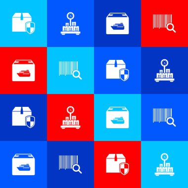 Teslimat kutusu güvenlik kalkanını, kartonla ölçeklendirmeyi, kargo gemi kutularını ve arama barkod simgesini ayarla. Vektör.