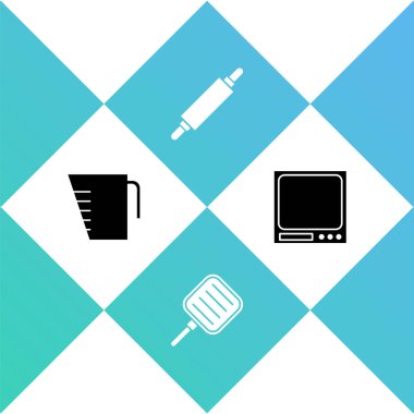 Ölçme kabı, kızartma tavası, merdane iğnesi ve elektronik ölçek simgesini ayarla. Vektör.