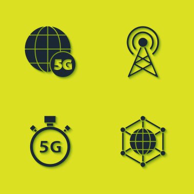 5G ağını, Sosyal, Dijital hız göstergesini ve anten simgesini ayarla. Vektör.
