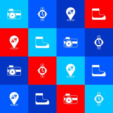 Fotoğraf makinesini dalgıç, dalış saati, yüzen yüzgeçler ve bot simgesi için ayarla. Vektör