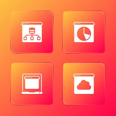Sunucu, Data, Grafik grafik bilgisi, tarayıcı pencereli dizüstü bilgisayar ve Cloud teknoloji veri aktarım simgesini ayarla. Vektör