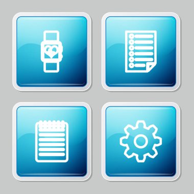 Akıllı saat kalp atış hızı, belge, defter ve dişli ayarları simgesi ayarla. Vektör.