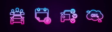 Otomobil paylaşımı, finans takvimi ve metan emisyonunu azalt. Parlayan neon ikonu. Vektör.
