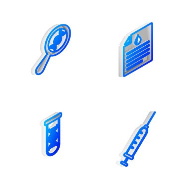 Isometric hat panosunu kan testi, DNA araştırması, arama ve şırınga ikonu ile ayarla. Vektör.