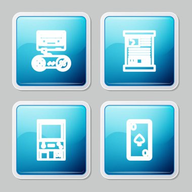 Oyun konsolunu joystick, guide, Retro atari oyun makinesi ve kart elmasları simgesi ile ayarla. Vektör.