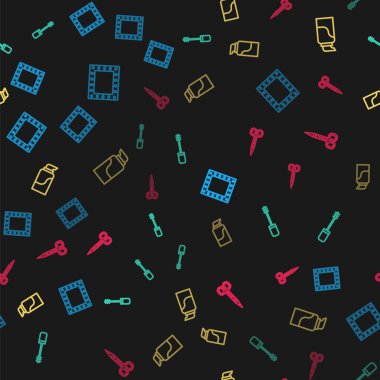 Makyaj aynasını ışıklarla, Mascara fırçasıyla, krem kozmetik tüpüyle ve makasla kusursuz desenli ayarla. Vektör.