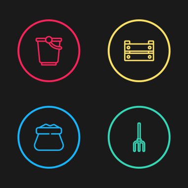 Sıraya geçin Full sack, Garden yabası, tahta kutu ve Bucket ikonu. Vektör