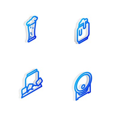 Isometric marka bira kutusunu köpükle, bir bardak birayı soğuk ve ahşap fıçıyı rafa koy. Vektör