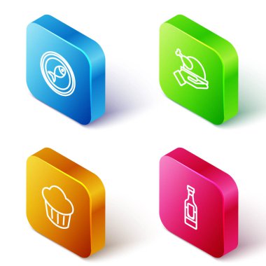 Isometric hattını tabağa koy, kızarmış hindi ya da tavuk, kek ve şarap şişesi ikonu. Vektör