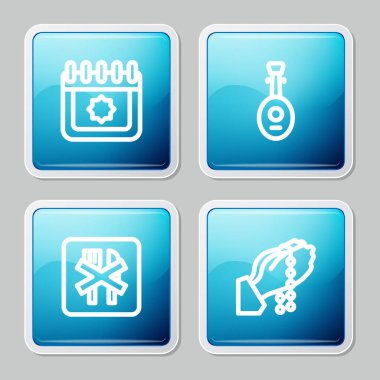 Ramazan takvimini, Lavtayı, Oruç 'u ve Eller dua etme ikonunu ayarla. Vektör