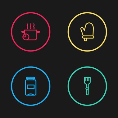 Reçel kavanozu, çatal, fırın eldiveni ve tencere ikonu. Vektör