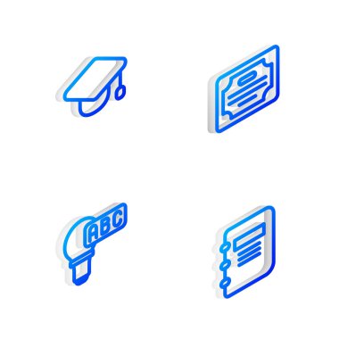 Isometric satır sertifika şablonu, mezuniyet şapkası, yaratıcı lamba ışığı fikri ve Not Defteri simgesini ayarla. Vektör