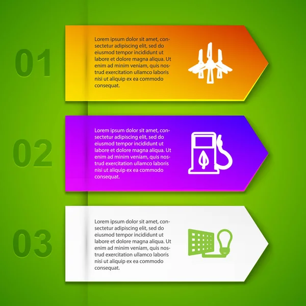 stock vector Set line Wind turbines, Bio fuel with fueling nozzle, Solar energy panel and light bulb and . Business infographic template. Vector.