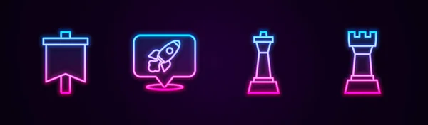 Σημαία Γραμμής Διαστημόπλοιο Σκάκι Και Φωτεινό Εικονίδιο Νέον Διάνυσμα — Διανυσματικό Αρχείο