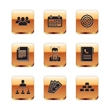 Kullanıcı Grubu Referans Listesi Para Para Para Yüz Tanıma Belgesi ve Hedef Spor simgesini ayarla. Vektör.