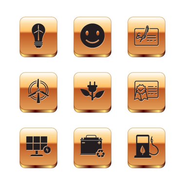 Rüzgâr türbini ile ampulü ayarlayın. Güneş enerjisi araba aküsü geri dönüşümlü elektrik prizi yaprağı. Döndürülen imzalı belge. Vektör.