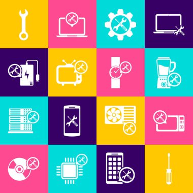 Tornavida Mikrodalga Fırın Blender Anahtarı ve tornavidayı vites TV Güç Bankası ve Bilek Saat simgesine ayarla. Vektör.