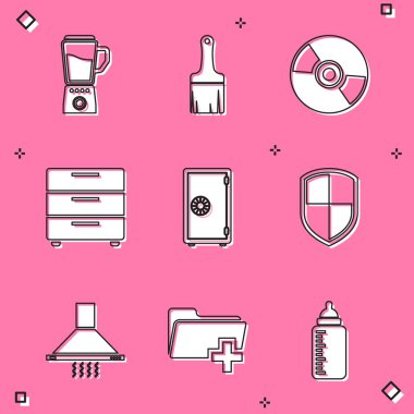 Blender Boyalı Fırça CD 'sini ya da DVD Disk Mobilya Komodininin Güvenli ve Kalkan simgesini ayarla. Vektör.