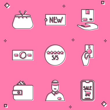 Cüzdan Price etiketini Yeni Dağıtım el kutuları ile belirleyin Kağıt para tüketicisi veya müşteri ürün derecelendirme el kağıdı ve Satıcı simgesi. Vektör.