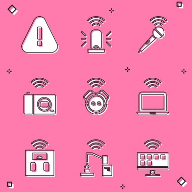 Ünlem işaretini, akıllı teşhirci kablosuz mikrofon fotoğraf makinesi robot elektrikli süpürge dizüstü bilgisayar banyo pulları ve robot kol fabrikası ikonu şeklinde ayarla. Vektör.