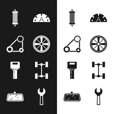 Alloy wheel zamanlayıcı kemer kiti şok emici Hız ölçer anahtarını uzaktan kumandalı Chassis araba anahtarı ve ayna simgesi ile ayarla. Vektör.