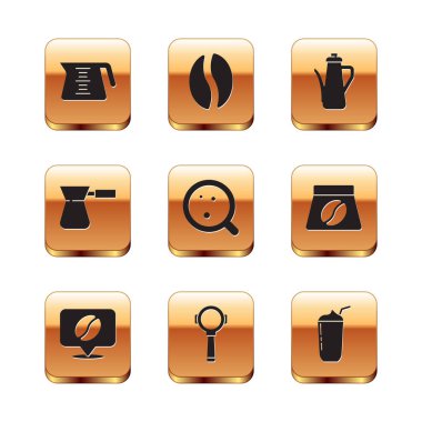 Kahve makinesinin yerini kahve çekirdeği filtresi tutacağı olan Türk çaydanlığı milkshake ve fasulye ikonu ile belirleyin. Vektör.