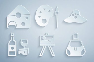 Easel 'i ayarlayın ya da zarif kadın şapkası boyayın peynir çantalı şarap şişesi fırça paleti ve peynir ikonu. Vektör.