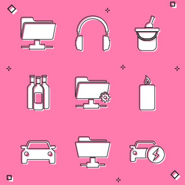 FTP klasörü kulaklıkları kova şişe şarap ayarları ve yanan mum simgesine yerleştir. Vektör.