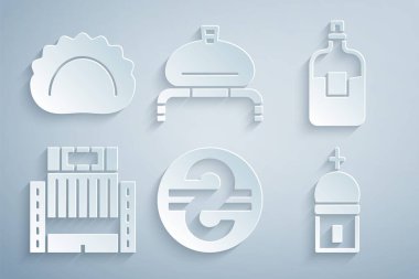 Ukrayna Hryvnia Şişe votka Ukrayna kilise kulesi ekmek, tuz ve köfte ikonu inşa. Vektör.