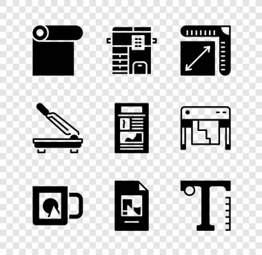 Kağıt fotokopi makinesi Kâğıt Boyutu Kahve Fincanı Dosya Metin Kesicisi ve Haber simgesi ayarla. Vektör.