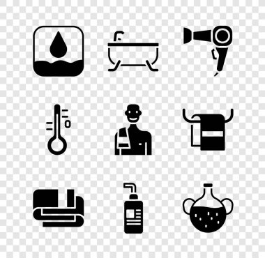 Su Damlası Saç Kurutma Makinesini Havlu Yığını ya da Losyon Kozmetik Tüpü Sauna Termometresi ve Sauna ikonundaki Adam 'ı ayarla. Vektör.